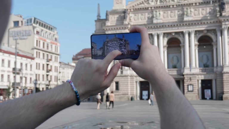 Mobile AR large-scale tracking app in action during daylight