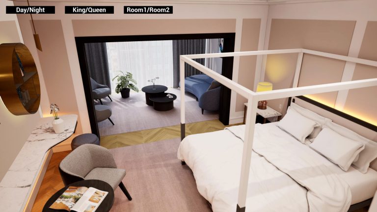 a virtual hotel room environment bed