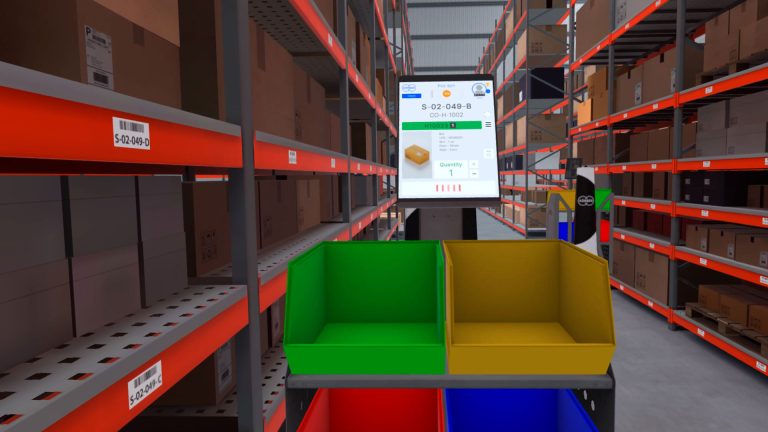 screen from VR training interaction with boxes