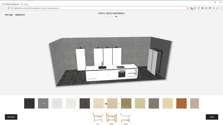 screens of kitchen selecting custom options